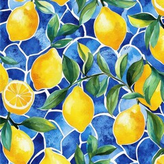 Lemons, leaves, blue mosaic background, summer fruit pattern