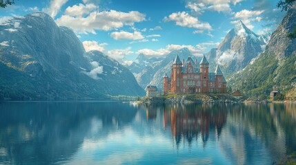 Fototapeta premium Majestic castle on island reflected in calm lake, surrounded by mountains.