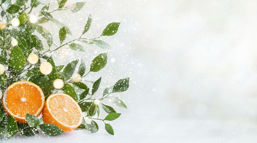 Poster a group of oranges sits atop a heap of leaves, while more oranges rest on a table