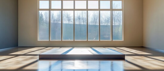 Modern airy room with a minimalist empty platform and a large window view, natural light creating shadows
