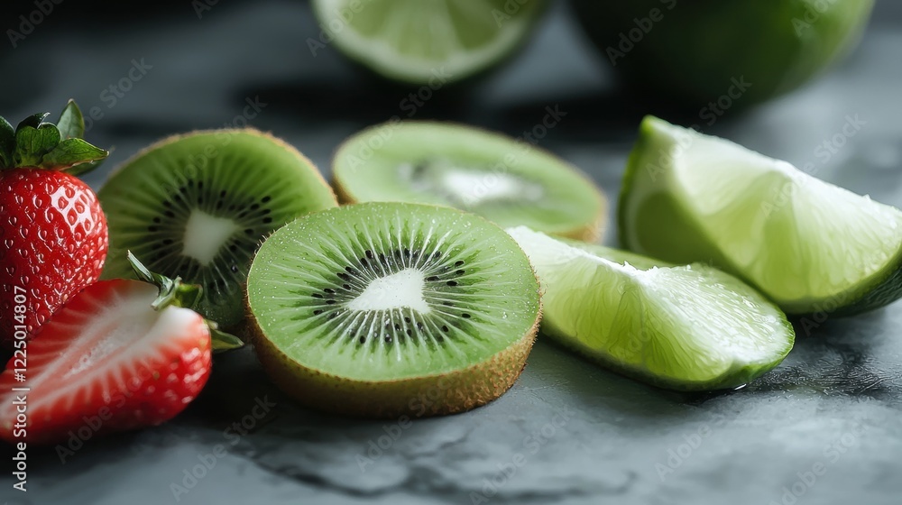 Poster a close up of a kiwi and lime on a table