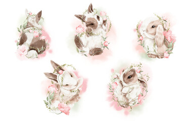 Easter spring bunnies, fluffy cute bunnies, Floral bunny? pink flowers, PNG