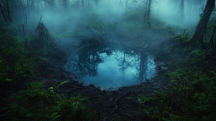 An eerie swamp with misty reflections.