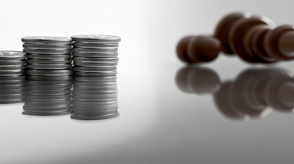 Stacked Coins Reflecting on Surface with Blurred Background Objects