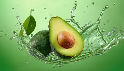 Avocado splashing in water creating a vibrant and refreshing scene in a bright green setting 