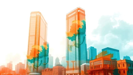 Watercolor painting depicting an abstract urban cityscape with sleek skyscrapers.