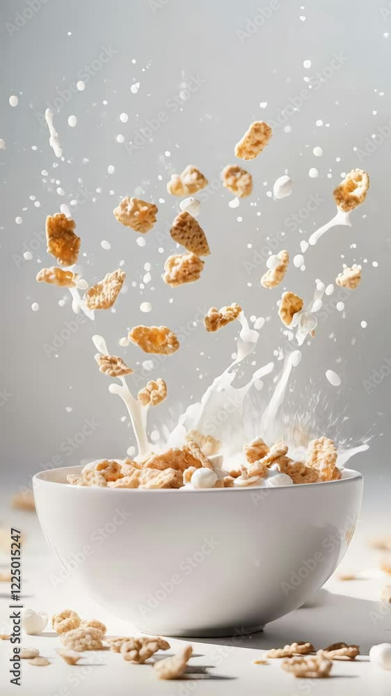 Aufkleber Crunchy cereal pieces and milk are splashing dramatically into a white bowl, creating a dynamic and appetizing breakfast scene against a light gray backdrop