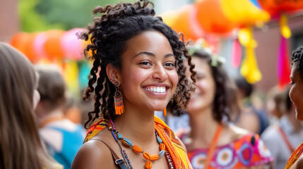 joyful woman with curly hair smiles brightly at vibrant outdoor festival, surrounded by colorful decorations and attendees