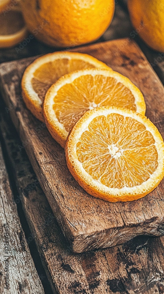 Poster a cutting board with sliced oranges on a wooden table surrounded by oranges in the background