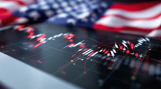 Candlestick chart with fluctuating data shown on screen, blurred American flag in background, symbolizing the economy and stock market. Ai generative