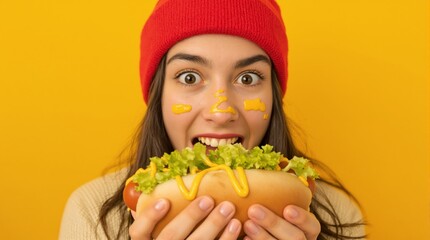 Smiling woman in a red hat holding a hot dog garnished with lettuce and mustard, with mustard on her face, against a vibrant yellow backdrop. Fun food concept. Ai generative