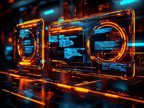 Cyberpunkstyle futuristic interface displays glowing with vibrant orange and blue digital code.  Perfect for tech, AI, cybersecurity, or gaming projects needing a hightech, visually striking image. - Powered by Adobe
