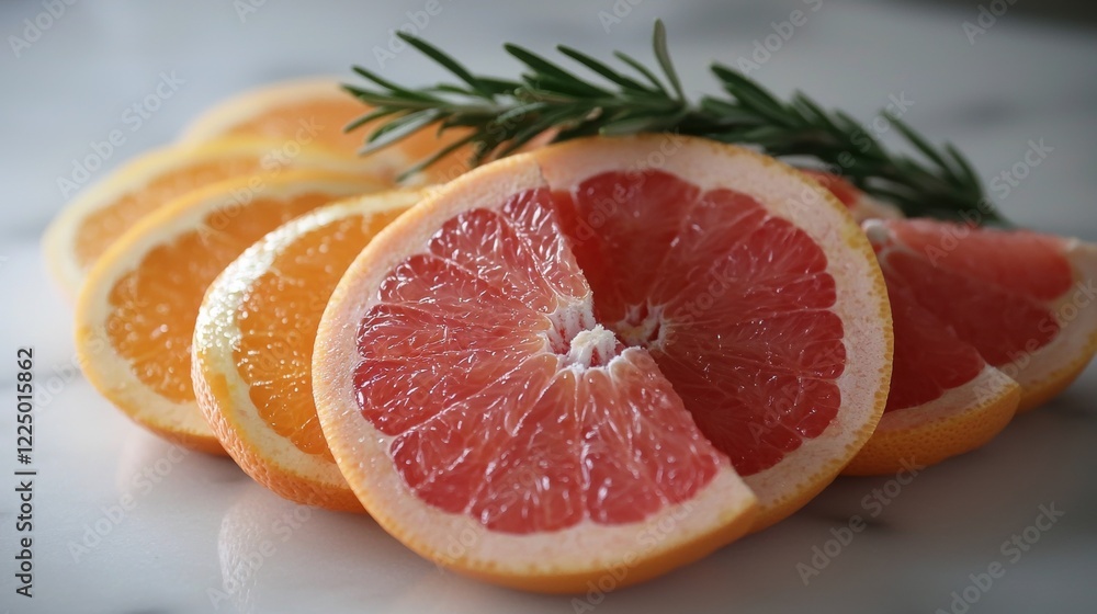Poster a close up of a grapefruit with a slice missing