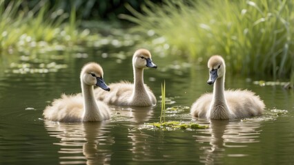 Obraz premium Three cygnets swim in a shallow, greenish pond surrounded by tall grasses.