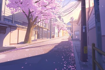 Cherry Blossom Alley A serene alley lined with cherry blossom trees in full bloom, their pink petals scattered on the pathway