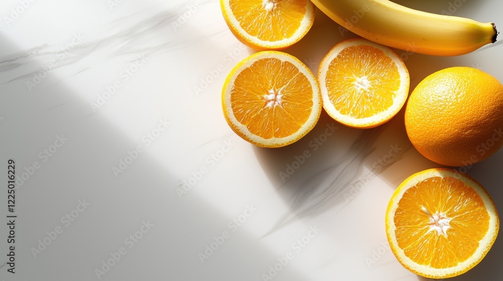 Poster a close up of a table with a bunch of oranges and a banana
