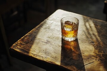 Scotch on wooden background with copyspace. An old and vintage countertop with highlight and a glass of hard liquor.