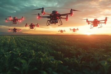 Fototapeta premium A robot managing farm drones for crop monitoring, overseeing precision agriculture from the ground and sky in a smart farming environment.