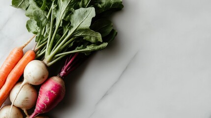 A bunch of vegetables including carrots, radishes