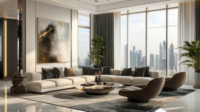 Modern and sophisticated living area with a spacious layout in a high-rise building with large windows