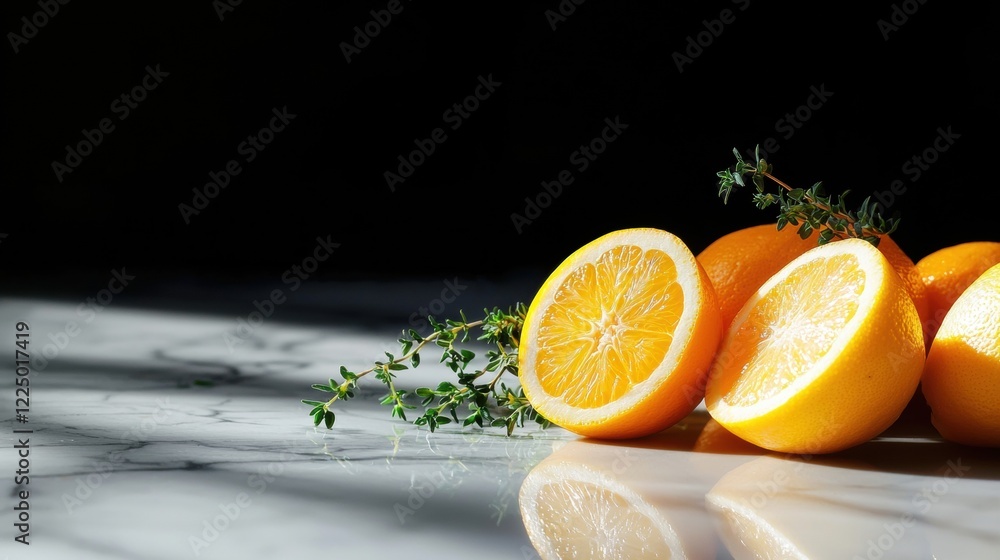 Poster a close up of a table with a few oranges and some herbs