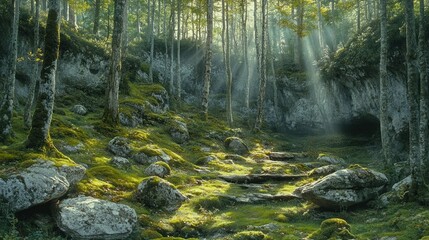 Obraz premium Sunbeams Illuminating a Mossy Forest Path