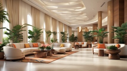 Luxurious hotel lobby with ornate wooden ceilings