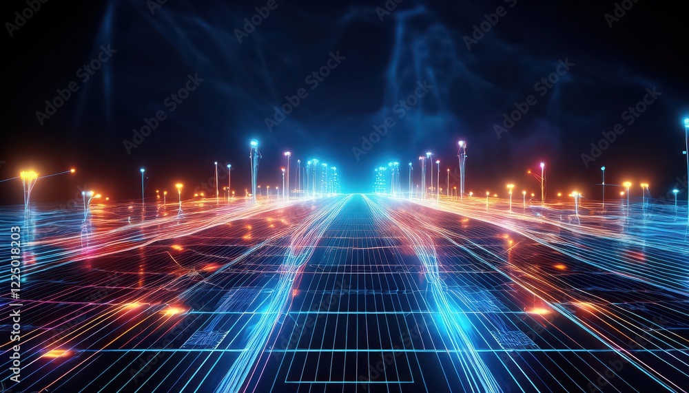 Poster vibrant 3d render of a futuristic power grid with glowing energy nodes, illuminated in an ethereal a