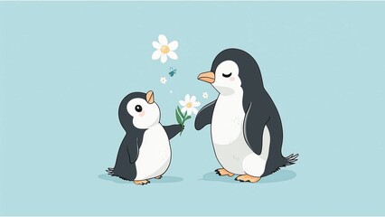 Happy mothers day poster. Mothers love. Mother and child art. Penguin mama and baby art.