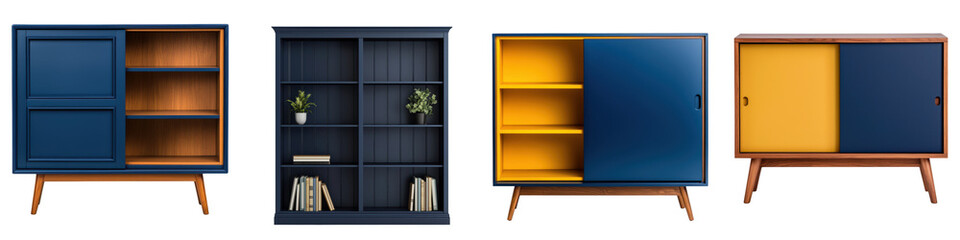 Assortment of colorful and sleek retro inspired modular storage cabinets bookcases and shelving...