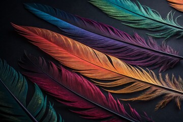 Fototapeta premium Vibrant Multicolored Feathers Dark Background Long Exposure Photography Stock Photo
