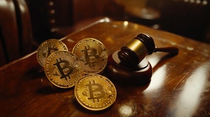 Bitcoin Coins and Gavel Symbolizing Cryptocurrency Regulation
