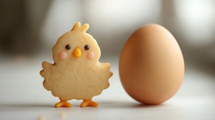 Cute chick-shaped cookie cutter next to a single egg on a table