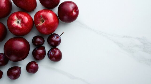 A bunch of red apples and plums are arranged on a white table