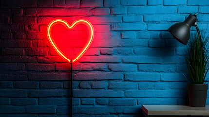 Neon heart decoration illuminating a modern space with blue brick wall and black lamp
