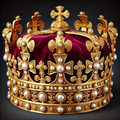 Close-up view of a meticulously crafted golden crown, rich in detail and adorned with numerous gemstones
