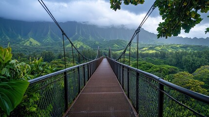 Obraz premium Suspension bridge pathway with mountain range and cloudy sky view leading through lush green landscape