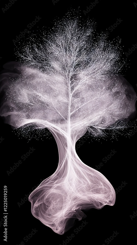 Poster white tree on black background with swirl in foreground, white tree on black background with swirl i