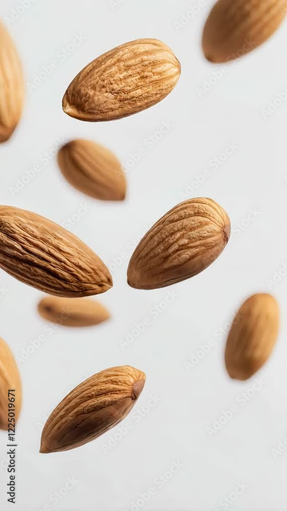 Aufkleber Many almonds levitating on a light gray background, creating a visually appealing arrangement that showcases the texture and form of these nutritious nuts