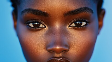 Close-up portrait of a young woman with dark skin and intense eyes.