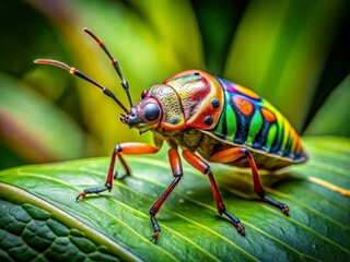 Fototapeta premium Vibrant Pentatomid Bug on Lush Leaf, Derawan Island, Borneo