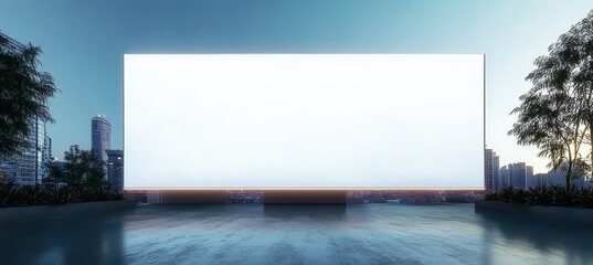 Empty White Billboard Mockup On Terrace Or Rooftop With A Downtown Night City View, 3D Rendering
