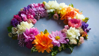 Obraz premium Vibrant floral wreath in rainbow hues. Perfect for greeting cards, websites, blogs, and spring/summer themed designs. High-resolution image showcasing a beautiful arrangement of various flowers.