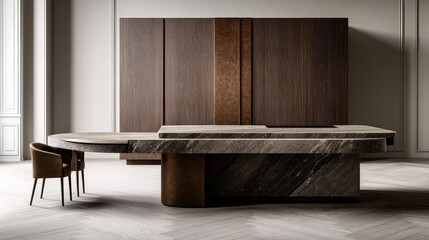 Modern kitchen island with marble top and wood cabinetry.