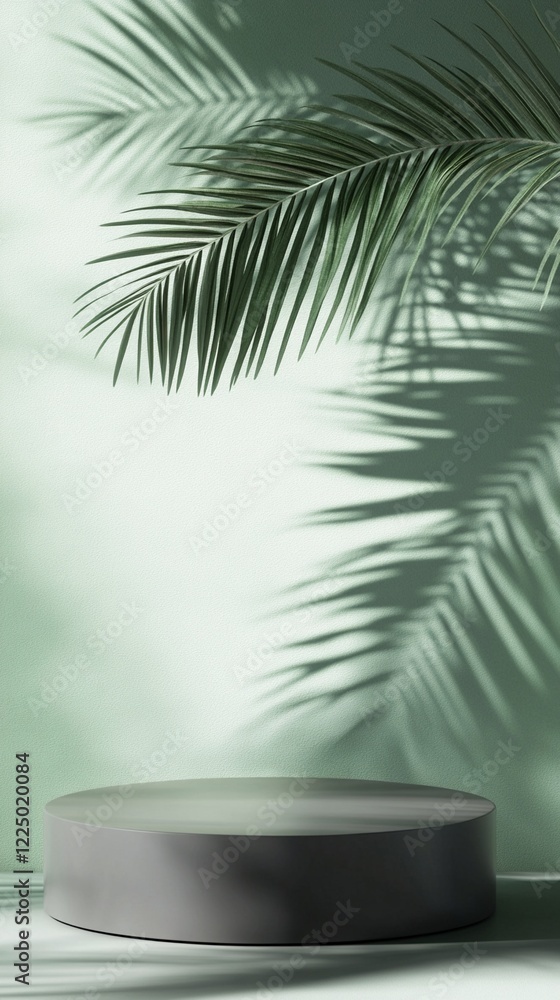 Poster minimalist product display podium with soft palm leaf shadows creating an elegant tropical mood on m