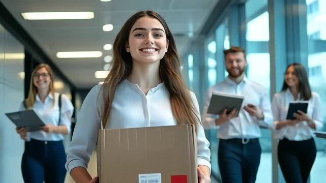 Heartbroken employee clutching her belongings in a box, walking past cheerful colleagues who are unaware of her situation.
