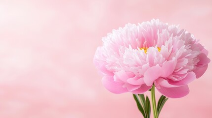 Pink peony flower on light pink background; springtime bloom, greeting card, website design
