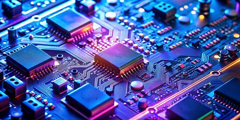 Obraz premium Electronic components arranged in a blue and purple circuit board background with neon-like light emission