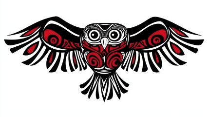 Stylized illustration of an owl with native tribal art patterns in red and black color on white background