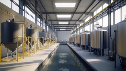 Industrial facility with large tanks and central water channel. Illustrates modern manufacturing or processing plant.